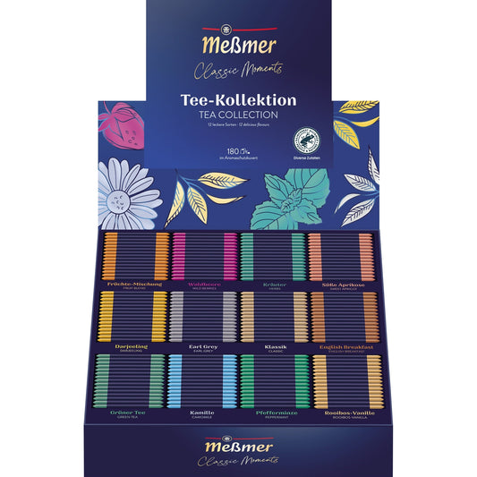 Meßmer Tee Collection Box Darjeeling, Earl Grey, Klassik, English Breakfast, Grüner Tee, Kamille, Pfefferminze, Rooibos-Vanille, Früchte-Mischung, Waldbeere, Kräuter, Süsse Aprikose 180 Btl./Pack.
