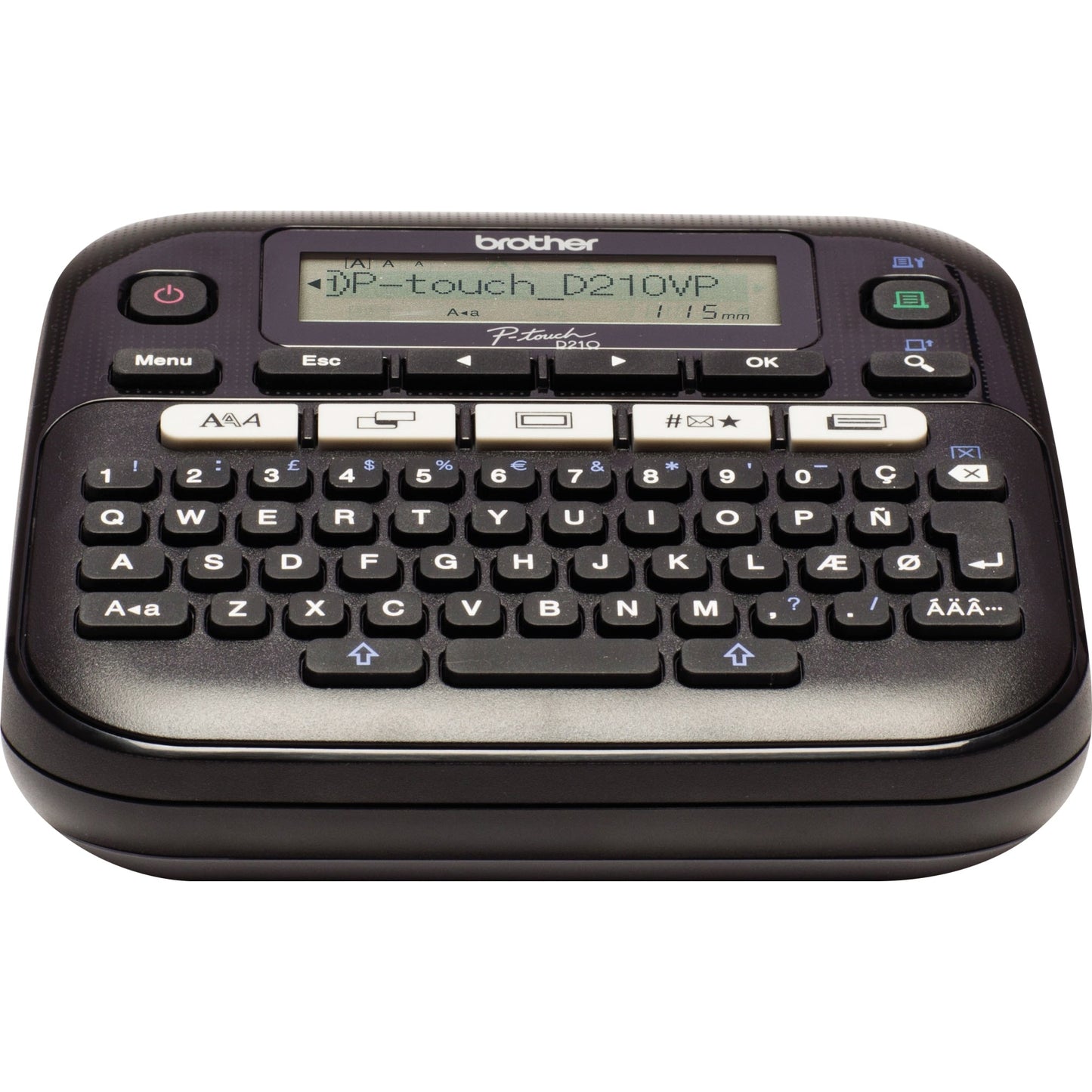 Brother Beschriftungsgerät PT-D210VP 3 Schriftgrößen 2 Druckzeilen inkl. Schriftband (12 mm x 4 m, schwarz auf weiß), Netzadapter, Hartschalenkoffer