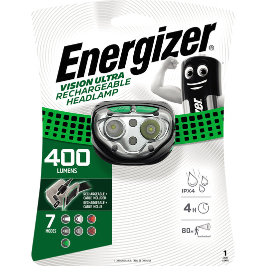 Energizer® Stirnlampe Vision Ultra HD 400lm 80m LED Low: 15 h, Wide low: 15 h, Wide: 5 h, High: 4 h Akku Li-Ion Kunststoff schwarz