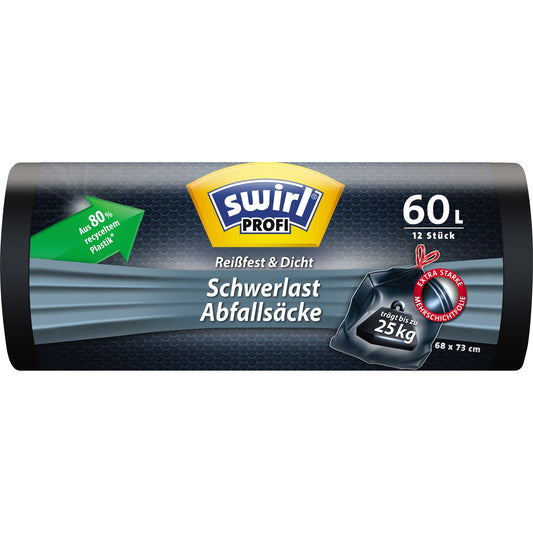 Swirl Müllbeutel Profi Schwerlast 68 x 73 cm (B x H) 60l Plastik, 80 % recycelt schwarz 12 St./Pack.