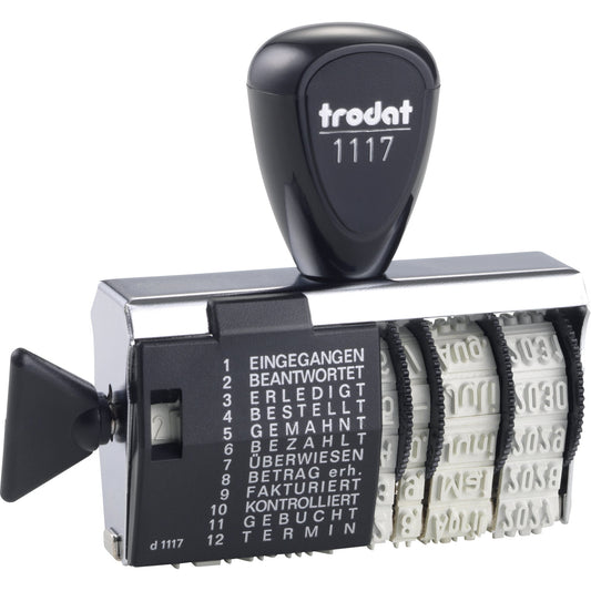 trodat® Wortbandstempel Classic 1117 56 x 4 mm (B x H) EINGEGANGEN, BEANTWORTET, ERLEDIGT, BESTELLT, GEMAHNT, BEZAHLT, ÜBERWIESEN, BETRAG ERH., FAKTURIERT, KONTROLLIERT, GEBUCHT, TERMIN Metall/Kunststoff