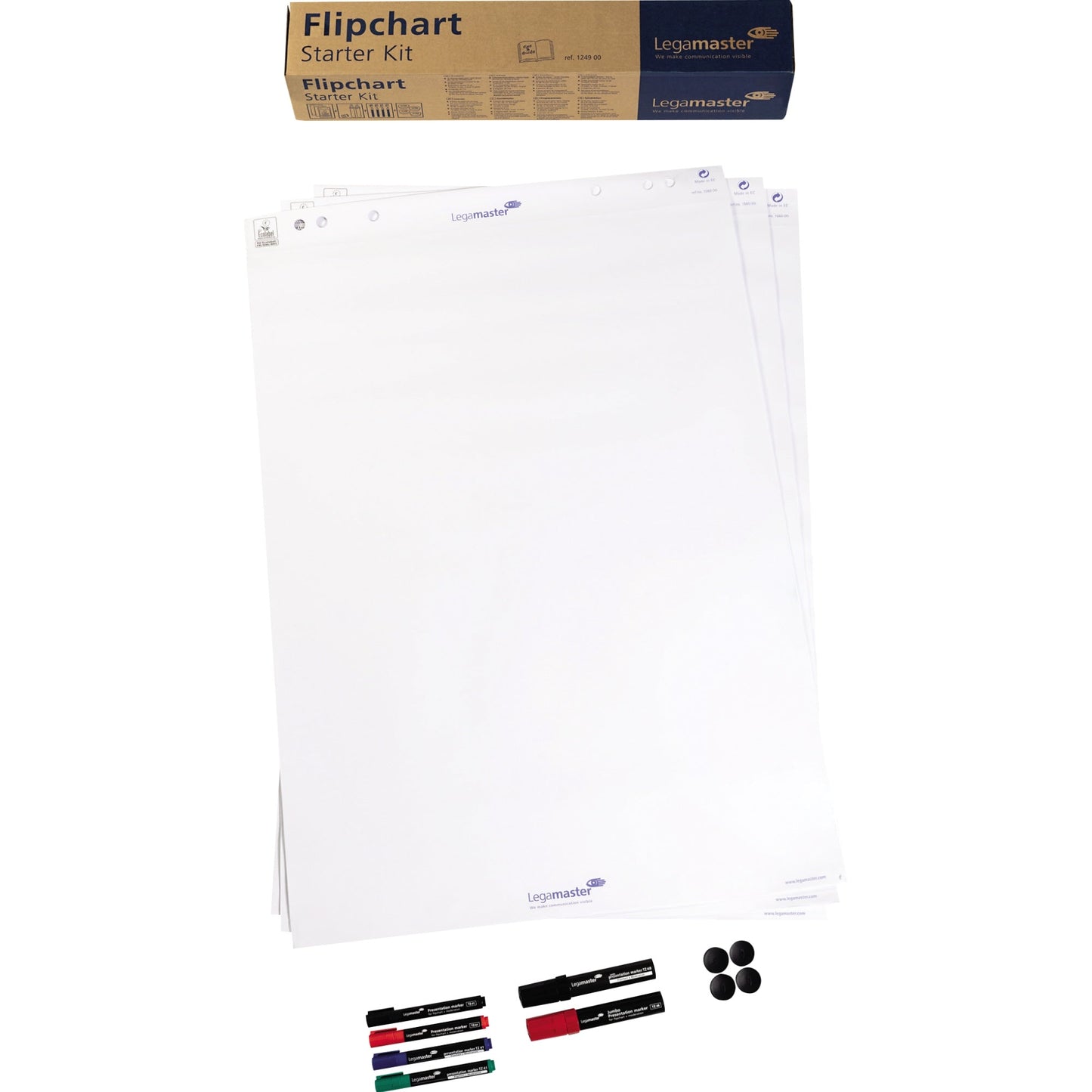 Legamaster Starterset 3 Flipchart-Papierblöcke (je 20 Blätter blanko weiß), 2 TZ48 Jumbo-Präsentationsmarker (je 1 x schwarz, rot,), 4 TZ41 Präsentationsmarker (je 1 x schwarz, rot, blau, grün), 4 Magnete (Ø 30 mm)
