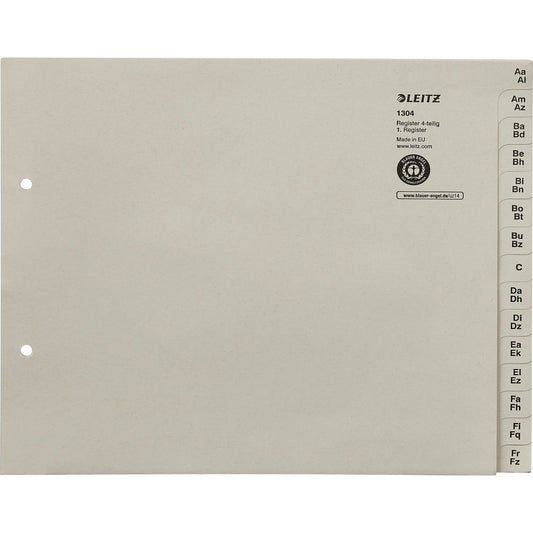 Leitz A-Z Register DIN A4, Überbreite Tauenpapier, 100 % recycelt grau 60 Registerblätter