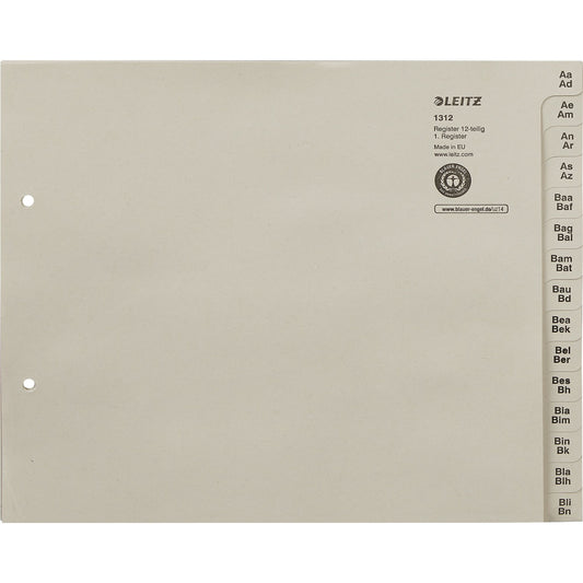 Leitz A-Z Register DIN A4, Überbreite Tauenpapier, 100 % recycelt grau 180 Registerblätter