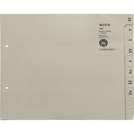 Leitz A-Z Register DIN A4, Überbreite Tauenpapier, 100 % recycelt grau 750 Registerblätter