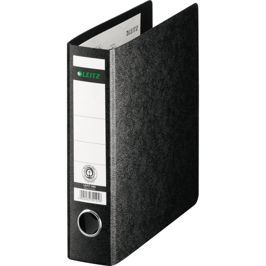 Leitz Ordner 60mm DIN A5 Rückenschild: geklebt ohne Schlitze Werkstoff: Hartpappe, recycelt Material außen: Papier Material innen: Papier schwarz