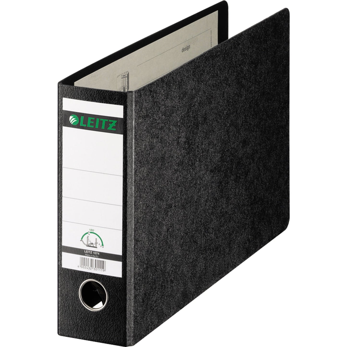 Leitz Ordner 80mm DIN A4 quer Rückenschild: geklebt ohne Schlitze Werkstoff: Hartpappe, recycelt Material außen: Papier Material innen: Papier schwarz