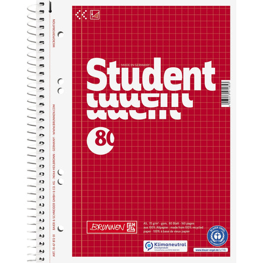 BRUNNEN Collegeblock Student Recycling DIN A5 kariert 70g/m² rot 80 Bl.
