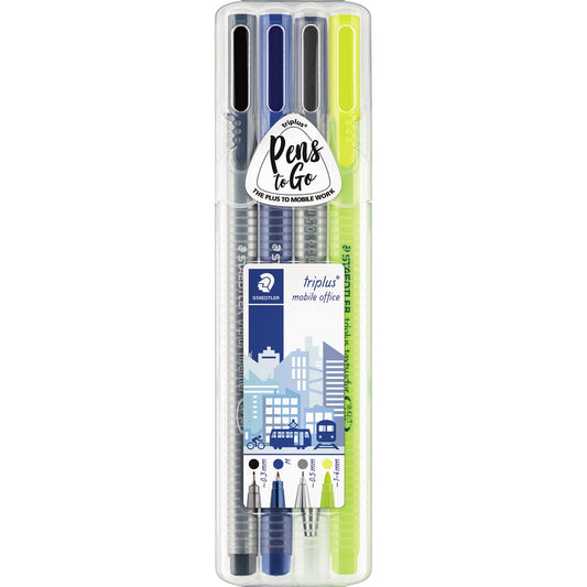 STAEDTLER® Schreibgeräteset triplus® mobile office 1 x Fineliner 0,3 mm, 1 x Kugelschreiber 0,45 mm, 1 x Druckbleistift 0,5 mm, 1 x Textmarker 1-4 mm farbig sortiert