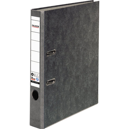 Falken Ordner 50mm DIN A4 Rückenschild: geklebt mit Schlitzen Werkstoff: Pappe Material außen: Papier Material innen: Papier grau