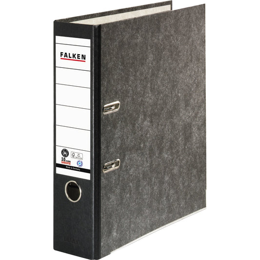 Falken Ordner 80mm DIN A4 Rückenschild: geklebt mit Schlitzen Werkstoff: Pappe Material außen: Papier Material innen: Papier schwarz