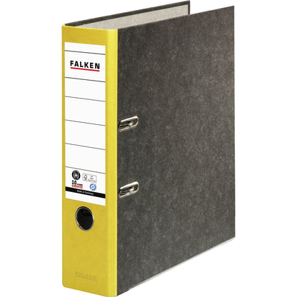 Falken Ordner 80mm DIN A4 Rückenschild: geklebt mit Schlitzen Werkstoff: Pappe Material außen: Papier Material innen: Papier gelb