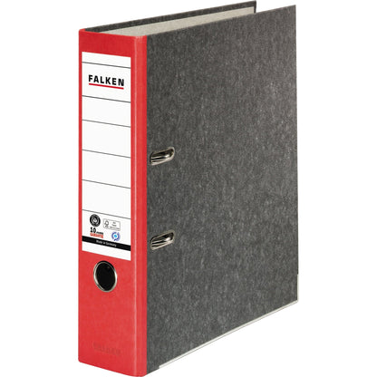 Falken Ordner 80mm DIN A4 Rückenschild: geklebt mit Schlitzen Werkstoff: Pappe Material außen: Papier Material innen: Papier rot