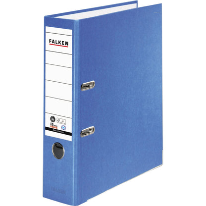 Falken Ordner Recycolor 80mm DIN A4 Rückenschild: geklebt mit Schlitzen Werkstoff: Pappe Material außen: Kraftpapier Material innen: Papier blau