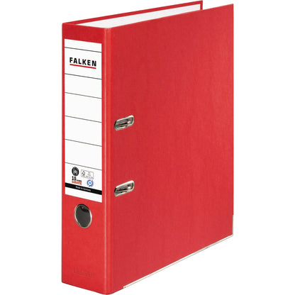 Falken Ordner Recycolor 80mm DIN A4 Rückenschild: geklebt mit Schlitzen Werkstoff: Pappe Material außen: Kraftpapier Material innen: Papier rot
