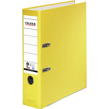 Falken Ordner Recycolor 80mm DIN A4 Rückenschild: geklebt mit Schlitzen Werkstoff: Pappe Material außen: Kraftpapier Material innen: Papier gelb