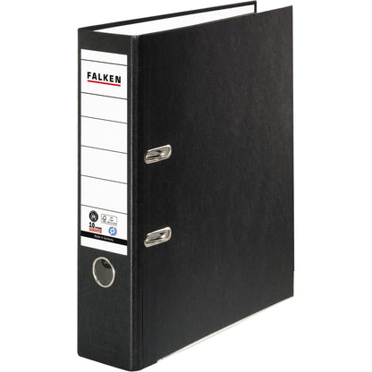 Falken Ordner Recycolor 80mm DIN A4 Rückenschild: geklebt mit Schlitzen Werkstoff: Pappe Material außen: Kraftpapier Material innen: Papier schwarz