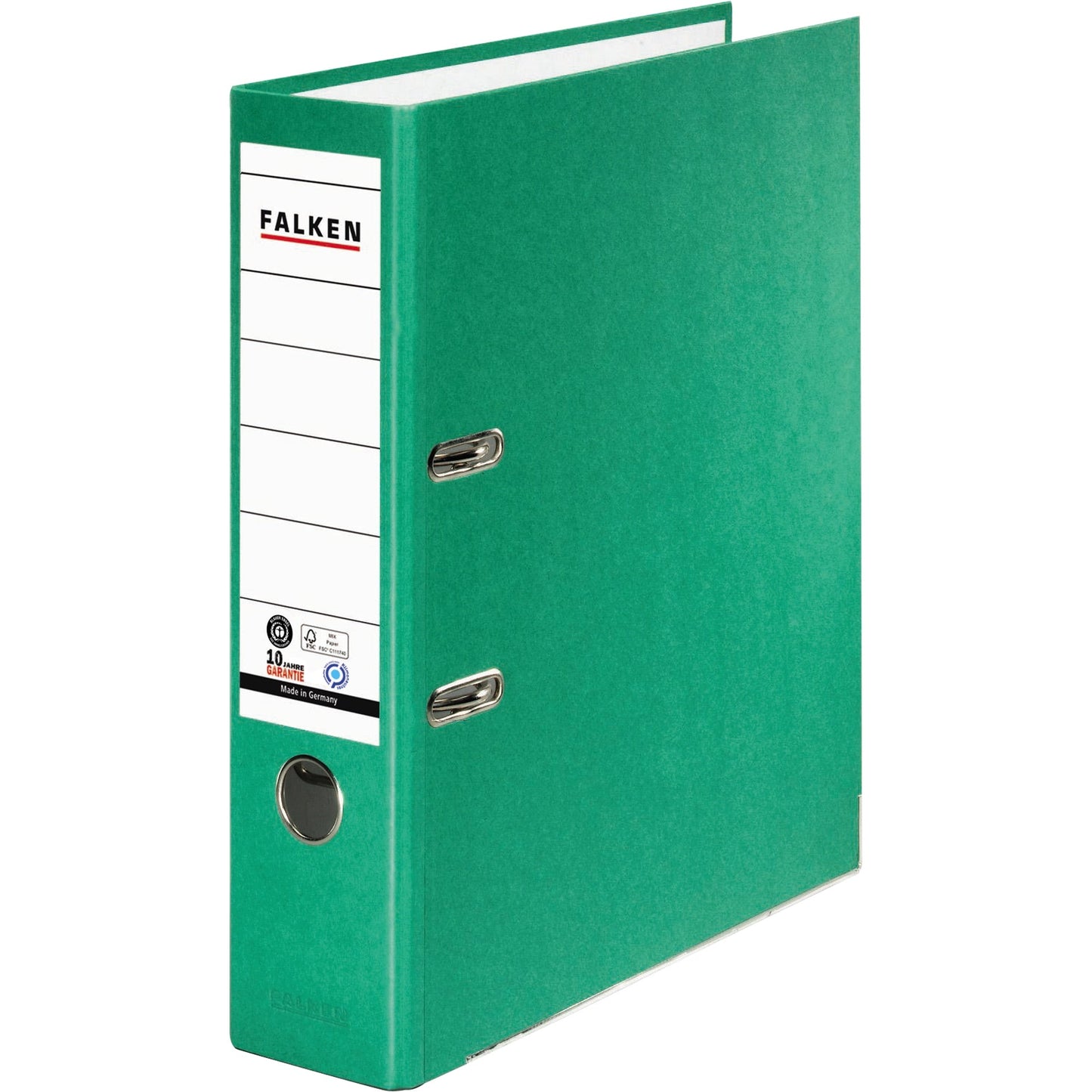 Falken Ordner Recycolor 80mm DIN A4 Rückenschild: geklebt mit Schlitzen Werkstoff: Pappe Material außen: Kraftpapier Material innen: Papier grün