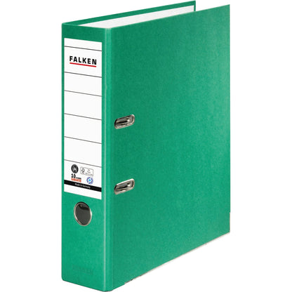 Falken Ordner Recycolor 80mm DIN A4 Rückenschild: geklebt mit Schlitzen Werkstoff: Pappe Material außen: Kraftpapier Material innen: Papier grün