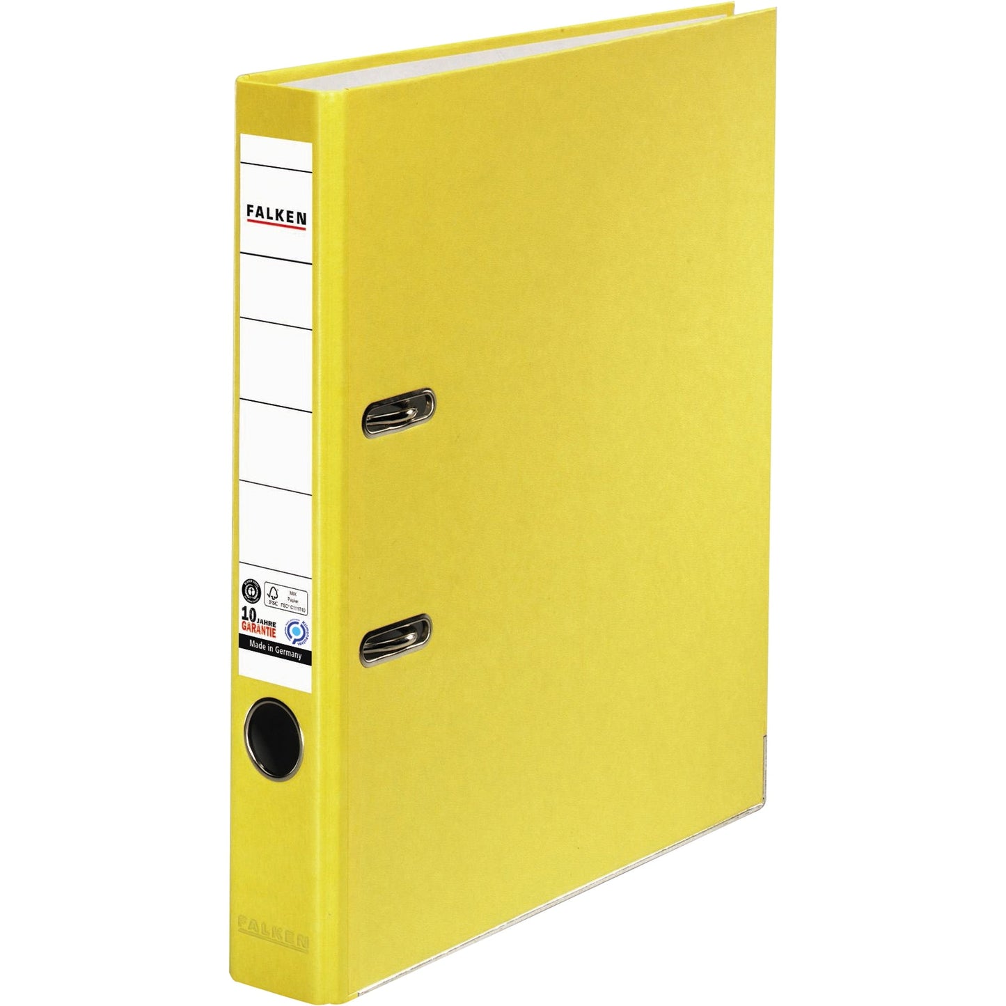 Falken Ordner Recycolor 50mm DIN A4 Rückenschild: geklebt mit Schlitzen Werkstoff: Pappe Material außen: Kraftpapier Material innen: Papier gelb