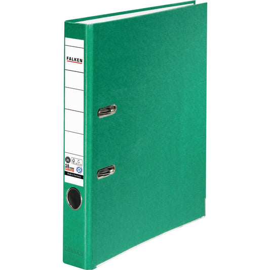Falken Ordner Recycolor 50mm DIN A4 Rückenschild: geklebt mit Schlitzen Werkstoff: Pappe Material außen: Kraftpapier Material innen: Papier grün