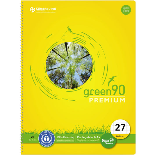 Staufen Collegeblock Green DIN A4 liniert mit Rand innen/außen 90g/m² 100 % Recyclingpapier 80 Bl.