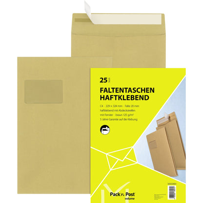 MAILmedia Faltentasche Pack'nPost® DIN C4 mit Fenster 125g/m² mit Haftklebung Natronpapier braun 25 St./Pack.