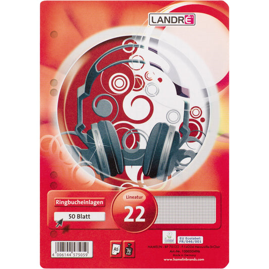 Landré Ringbucheinlage DIN A5 kariert 70g/m² 6fach Lochung weiß 50 Bl./Pack.