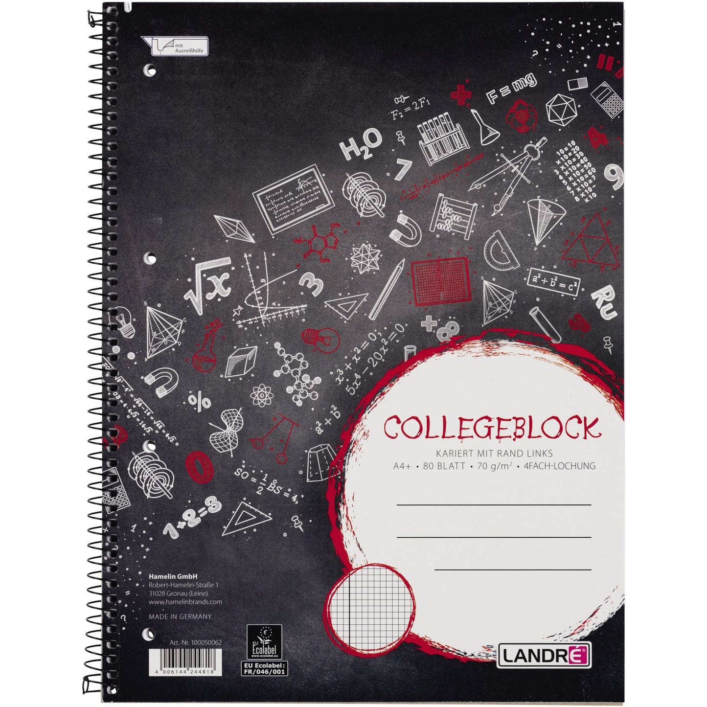 Landré Collegeblock College DIN A4+ kariert mit Rand 70g/m² schwarz/rot 80 Bl.