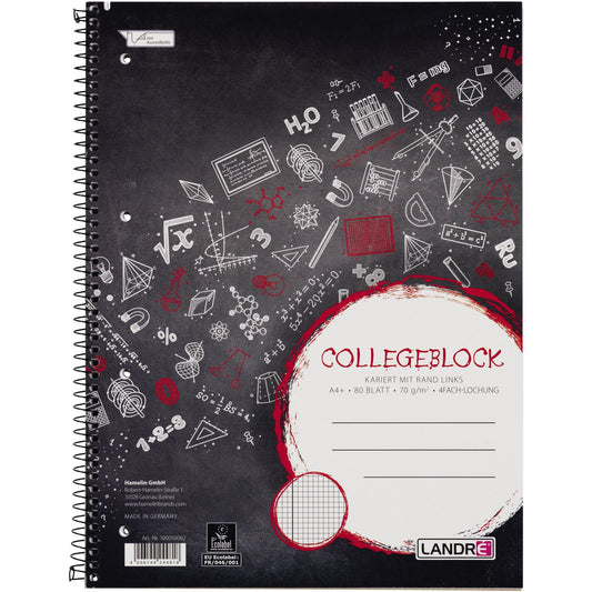 Landré Collegeblock College DIN A4+ kariert mit Rand 70g/m² schwarz/rot 80 Bl.