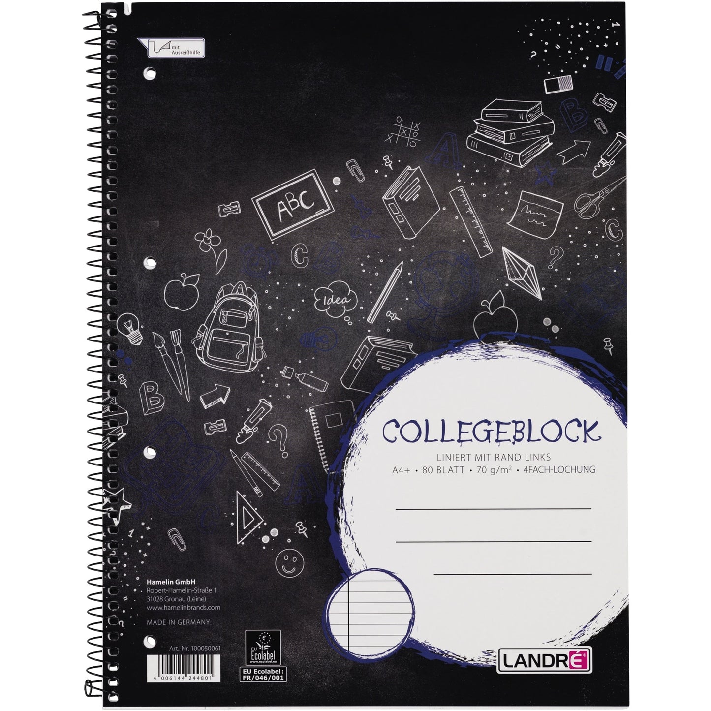 Landré Collegeblock College DIN A4+ liniert mit Rand 70g/m² schwarz/blau 80 Bl.