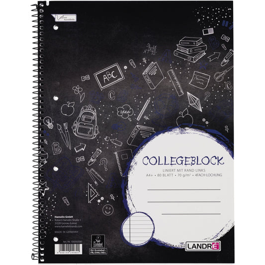 Landré Collegeblock College DIN A4+ liniert mit Rand 70g/m² schwarz/blau 80 Bl.