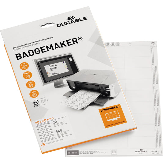 DURABLE Einsteckschild BADGEMAKER® 60 x 30 mm (B x H) 150g/m² Karton weiß 540 St./Pack.