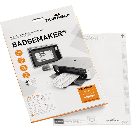 DURABLE Einsteckschild BADGEMAKER® 90 x 60 mm (B x H) 150g/m² Karton weiß 160 St./Pack.
