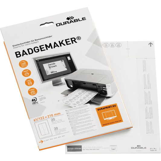 DURABLE Einsteckschild BADGEMAKER® 61 x 210 mm (B x H) 150g/m² Karton weiß 20 St./Pack.