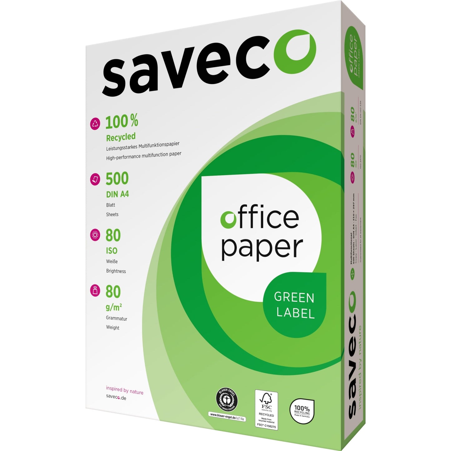 Saveco Kopierpapier Green Label DIN A4 80g/m² 100 % recycelt, chlorfrei gebleicht weiß 500 Bl./Pack.