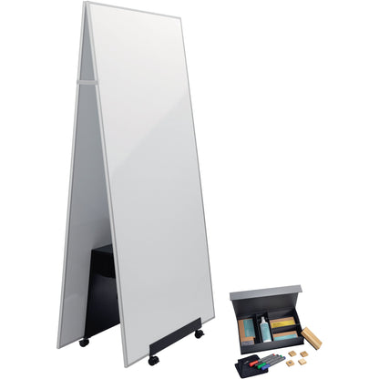 SIGEL Whiteboard Meet up Bundle Maße der Oberfläche: 90 x 180 cm (B x H) Tafel magnethaftend beidseitig beschreibbar inkl. Whiteboard 90 x 180 (B x H) MU020, Tafelständer Meet up MU050, Moderationsbox Meet up BA311 Metall weiß