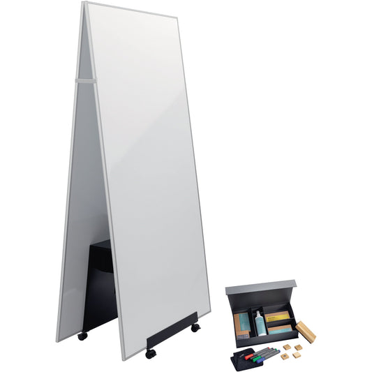 SIGEL Whiteboard Meet up Bundle Maße der Oberfläche: 90 x 180 cm (B x H) Tafel magnethaftend beidseitig beschreibbar inkl. Whiteboard 90 x 180 (B x H) MU020, Tafelständer Meet up MU050, Moderationsbox Meet up BA311 Metall weiß