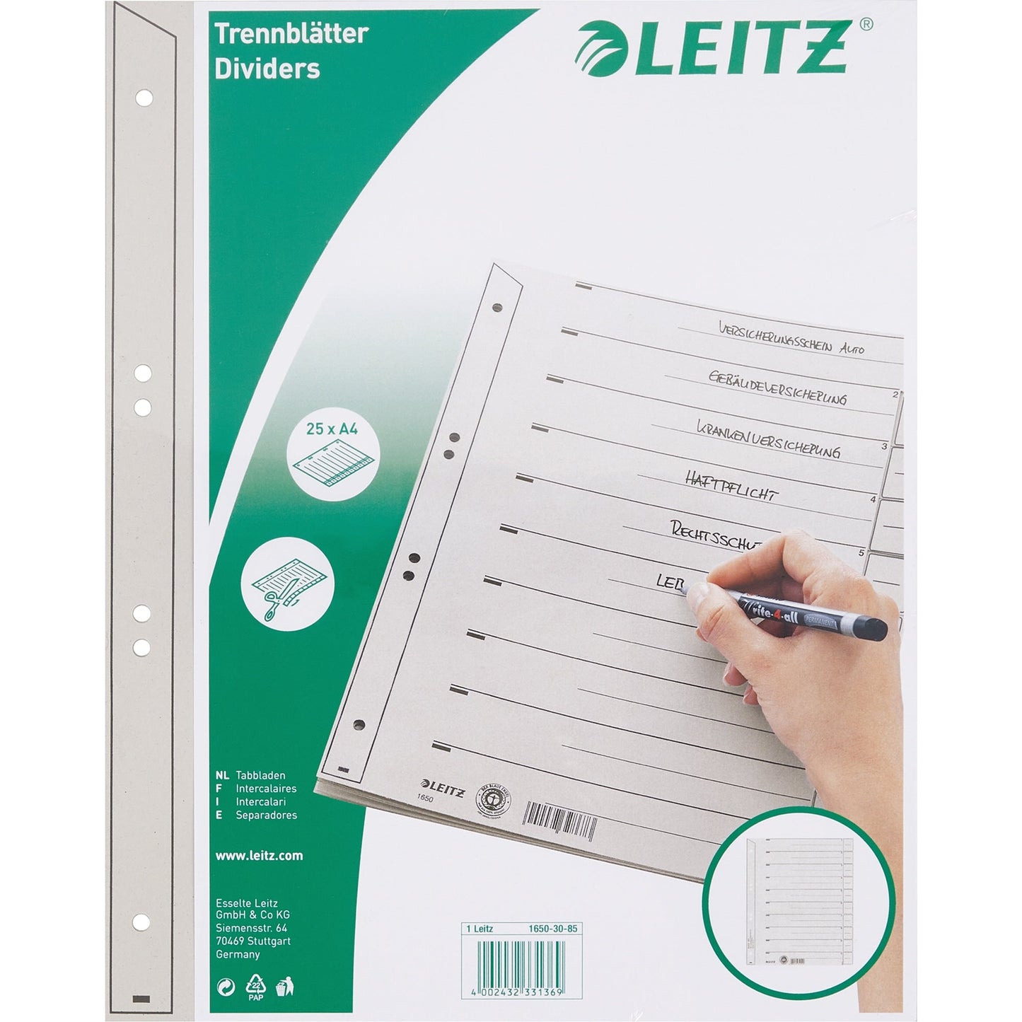 Leitz Trennblatt DIN A4, Überbreite Kraftkarton, 100 % recycelt grau 25 St./Pack.