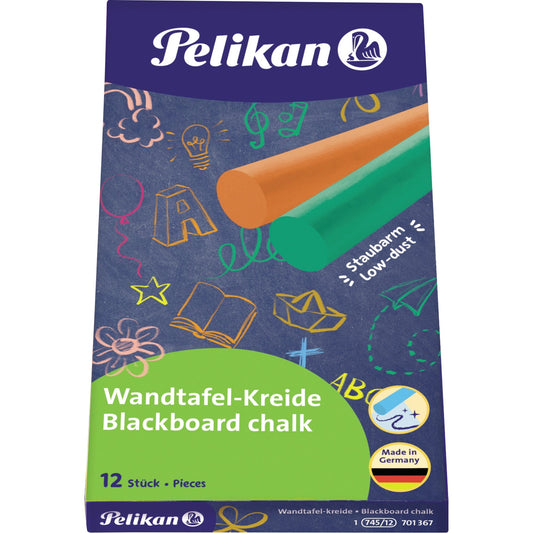 Pelikan Tafelkreide 745/12 ohne Papierhülle hellgelb, gelborange, zinnoberrot, karminrot, rotviolett, hellblau, dunkelblau, hellgrün, dunkelgrün, hellbraun, dunkelbraun, ocker 12 St./Pack.