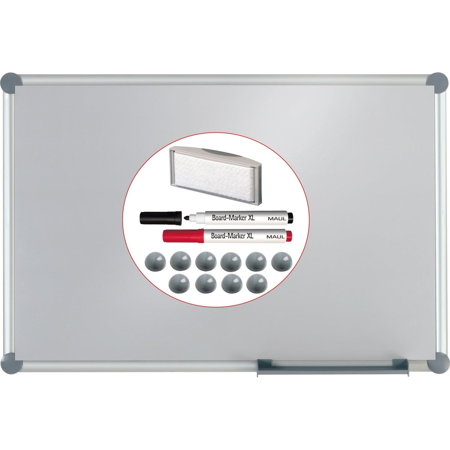 MAUL Whiteboard 2000 MAULpro Maße der Oberfläche: 120 x 90 cm (B x H) nicht beidseitig beschreibbar inkl. 2 Boardmarker (je 1 x schwarz, rot) 1 magnethaftender Tafelwischer mit Vlies-Spanneinrichtung, 10 hochglanzpolierte Kugel-Magnete (grau) Stahlblech