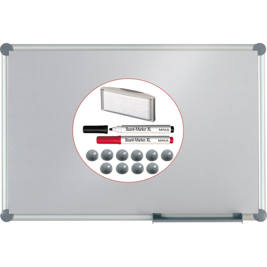 MAUL Whiteboard 2000 MAULpro Maße der Oberfläche: 180 x 90 cm (B x H) nicht beidseitig beschreibbar inkl. 2 Boardmarker (je 1 x schwarz, rot) 1 magnethaftender Tafelwischer mit Vlies-Spanneinrichtung, 10 hochglanzpolierte Kugel-Magnete (grau) Stahlblech