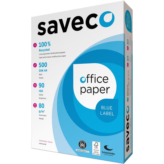Saveco Kopierpapier Blue Label DIN A4 80g/m² 100 % Altpapier, chlorfrei gebleicht weiß 500 Bl./Pack.