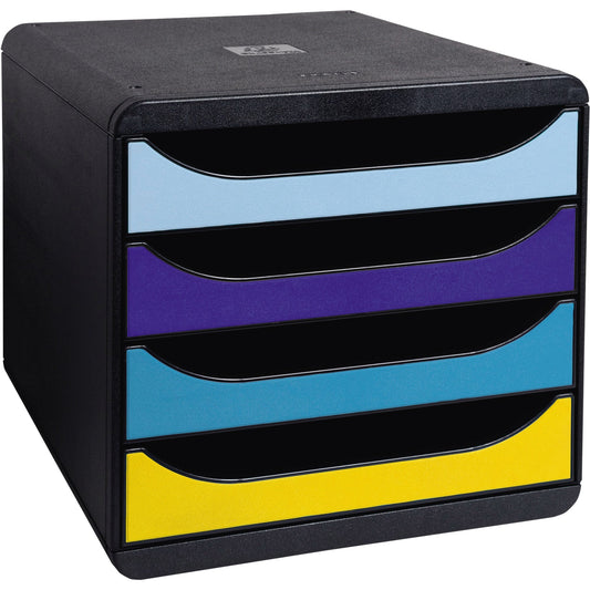 Exacompta Schubladenbox BIG-BOX 4 Schubladen DIN A4, Überbreite Polystyrol Gehäusefarbe: schwarz Farbe der Schublade: mehrfarbig