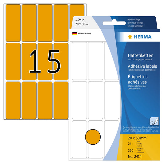 HERMA Universaletikett 20 x 50 mm (B x H) nicht wieder ablösbar Papier leuchtorange 360 Etik./Pack.