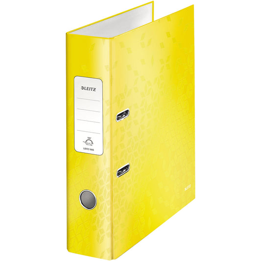 Leitz Ordner WOW 80mm DIN A4 Rückenschild: geklebt mit Schlitzen Werkstoff: Graupappe Material außen: Papier, laminiert Material innen: Papier, laminiert gelb