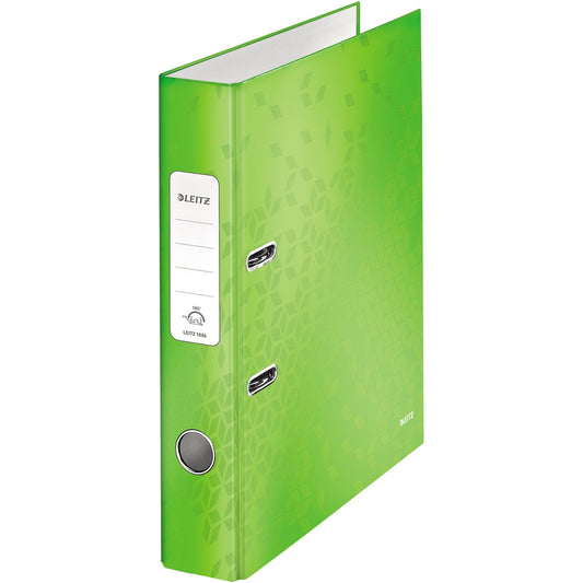 Leitz Ordner WOW 52mm DIN A4 Rückenschild: geklebt mit Schlitzen Werkstoff: Graupappe Material außen: Papier, laminiert Material innen: Papier, laminiert grün