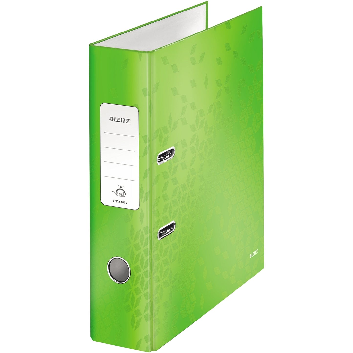 Leitz Ordner WOW 80mm DIN A4 Rückenschild: geklebt mit Schlitzen Werkstoff: Graupappe Material außen: Papier, laminiert Material innen: Papier, laminiert grün