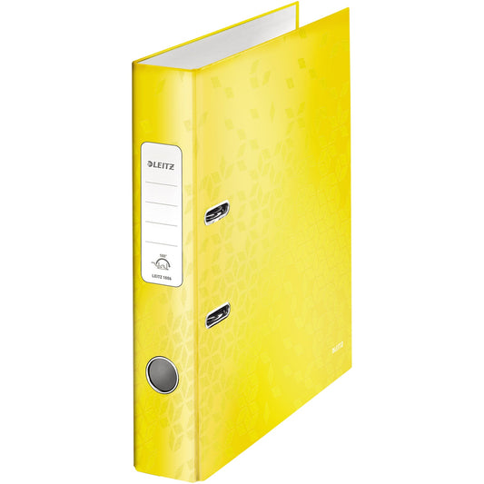 Leitz Ordner WOW 52mm DIN A4 Rückenschild: geklebt mit Schlitzen Werkstoff: Graupappe Material außen: Papier, laminiert Material innen: Papier, laminiert gelb