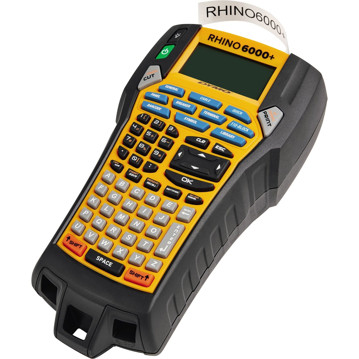 DYMO® Beschriftungsgerät RhinoT 6000+ 5 Display-Zeilen 7 Schriftgrößen 5 Druckzeilen inkl. 1 Vinylband (9 mm x 5,5 m, schwarz auf weiß), 1 Nylonband (24 mm x 3,5 m, schwarz auf weiß), Kurzanleitung, Akku, Netzteil